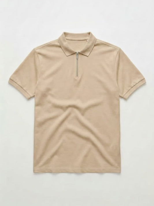 Men's Beige Zip Polo Shirt – Short Sleeve Casual Knit Polo