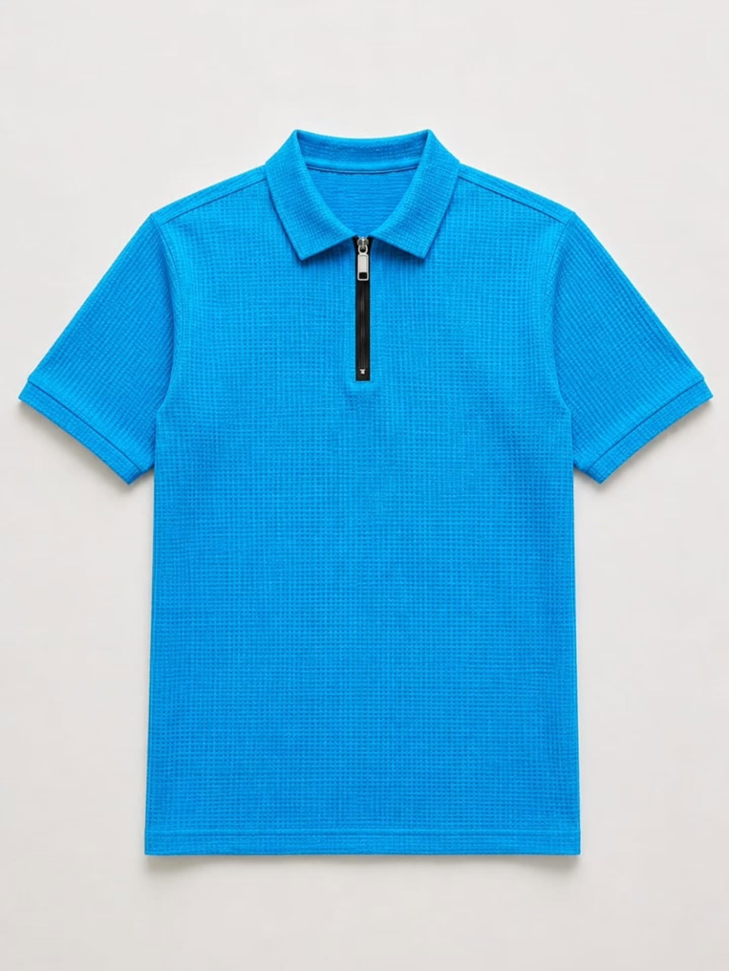 Textured Sky Blue Half-Zip Polo Shirt