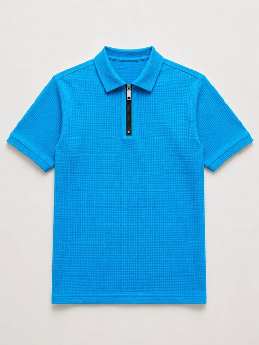 Textured Sky Blue Half-Zip Polo Shirt